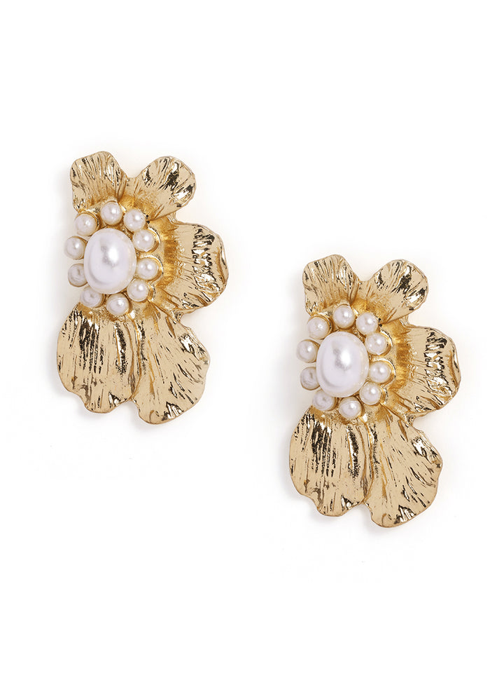 Gold Plated Floral Pearl Statement Look Stud Earrings