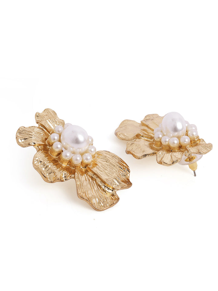Gold Plated Floral Pearl Statement Look Stud Earrings