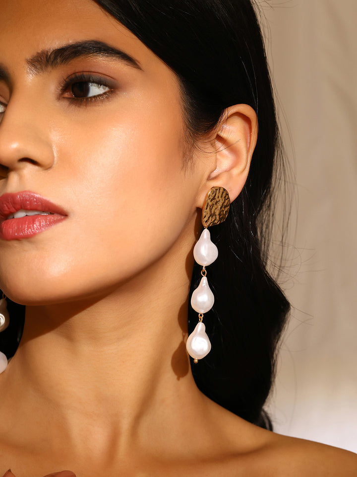 Priyaasi Gold Hammered Stud Pearl Dangler Earrings