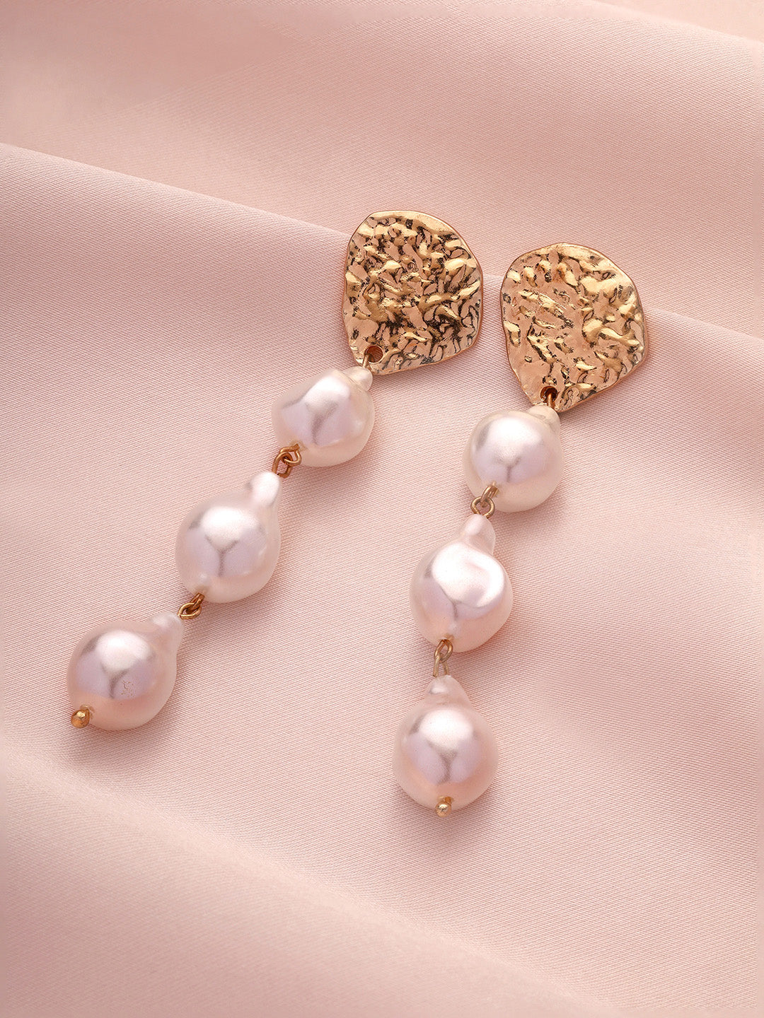 Priyaasi Gold Hammered Stud Pearl Dangler Earrings