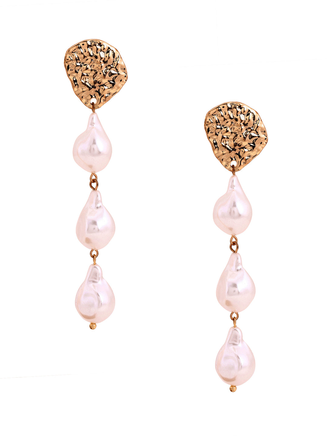 Priyaasi Gold Hammered Stud Pearl Dangler Earrings