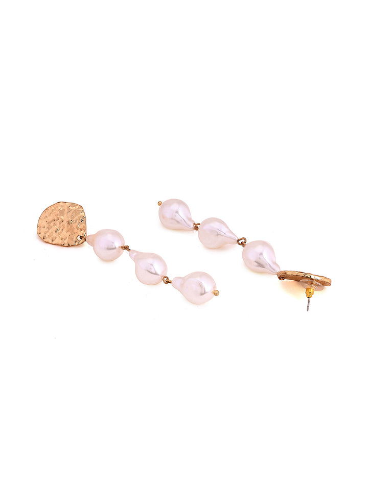 Priyaasi Gold Hammered Stud Pearl Dangler Earrings