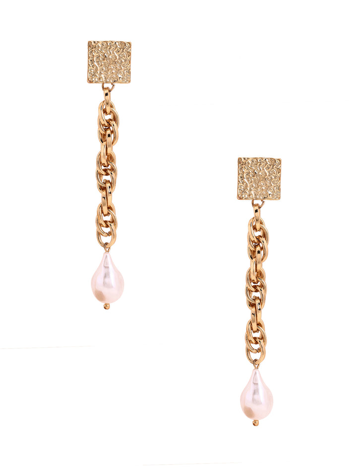 Priyaasi Hammered Chained Pearl Long Gold Plated Eaarings