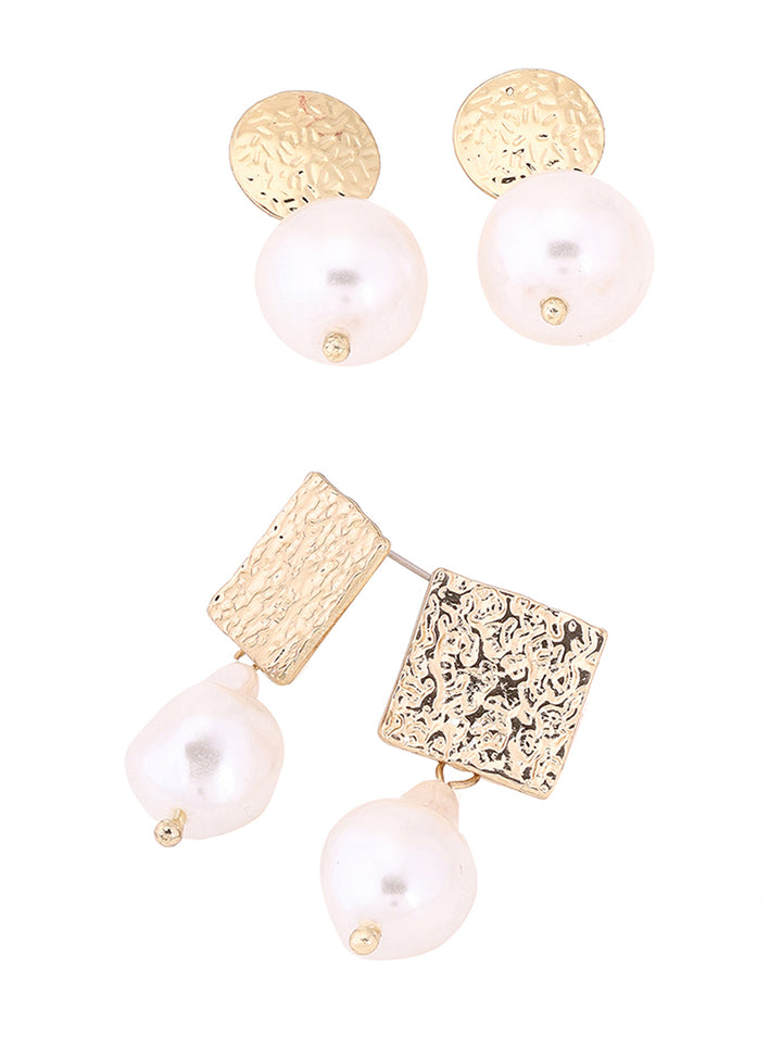 Priyaasi Hammered-Style Fresh Water Pearl Studs Drops Combo Earrings