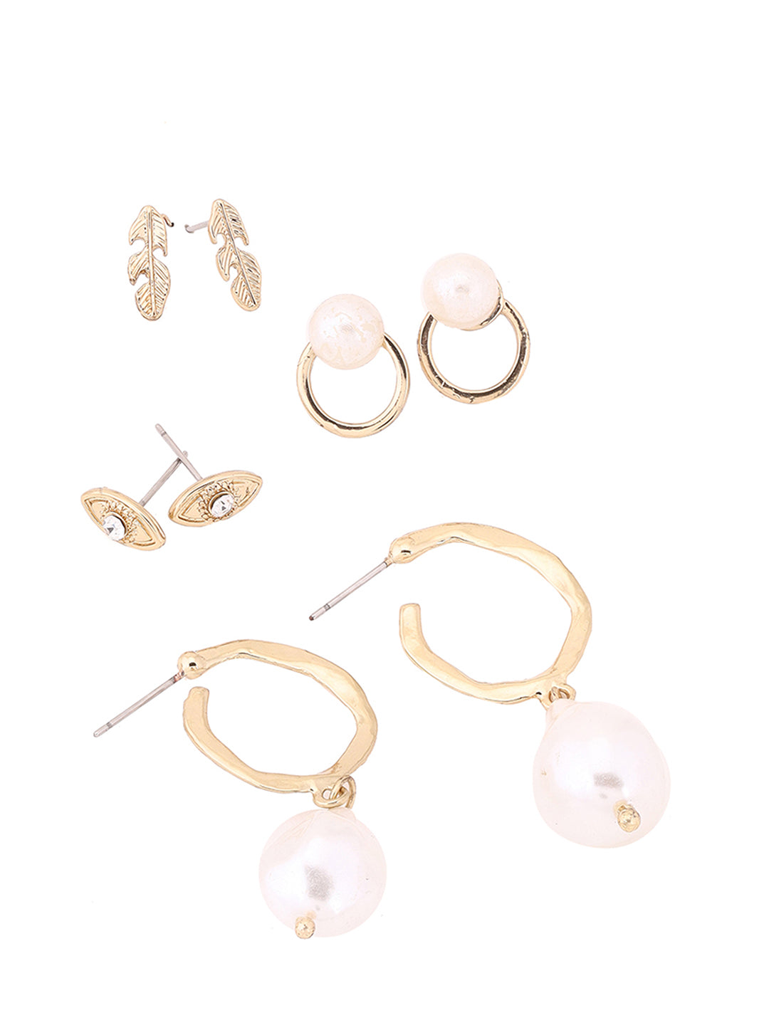 Priyaasi Hammered-Style Fresh Water Pearl Studs Drops Combo Earrings