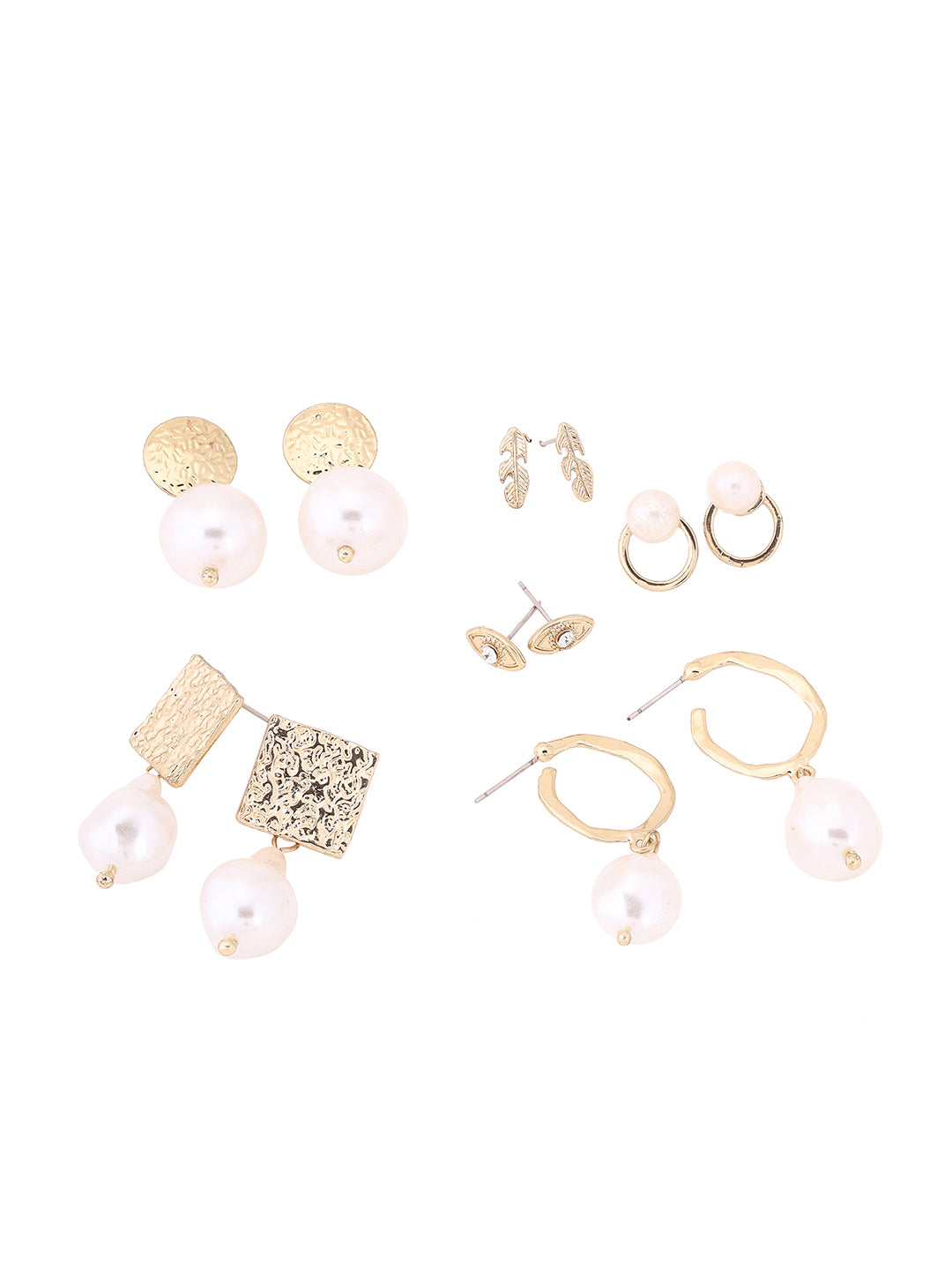 Priyaasi Hammered-Style Fresh Water Pearl Studs Drops Combo Earrings