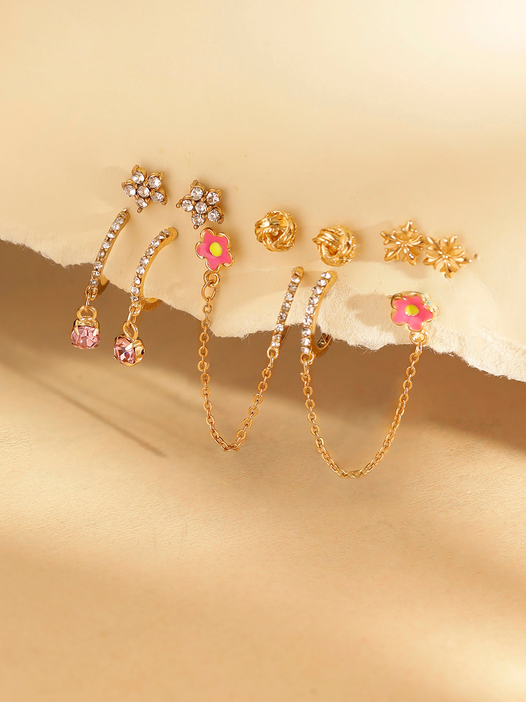 Floral 6 Pair of Stud and Hoops Combo Gold Plated Earrings
