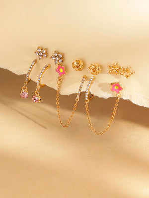 Floral 6 Pair of Stud and Hoops Combo Gold Plated Earrings