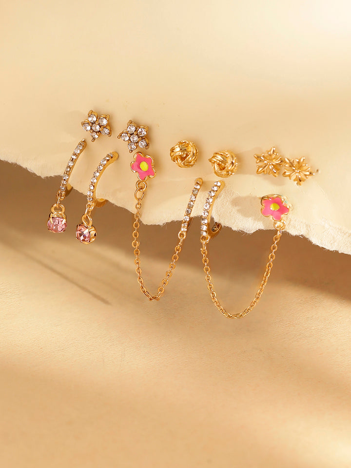 Floral 6 Pair of Stud and Hoops Combo Gold Plated Earrings