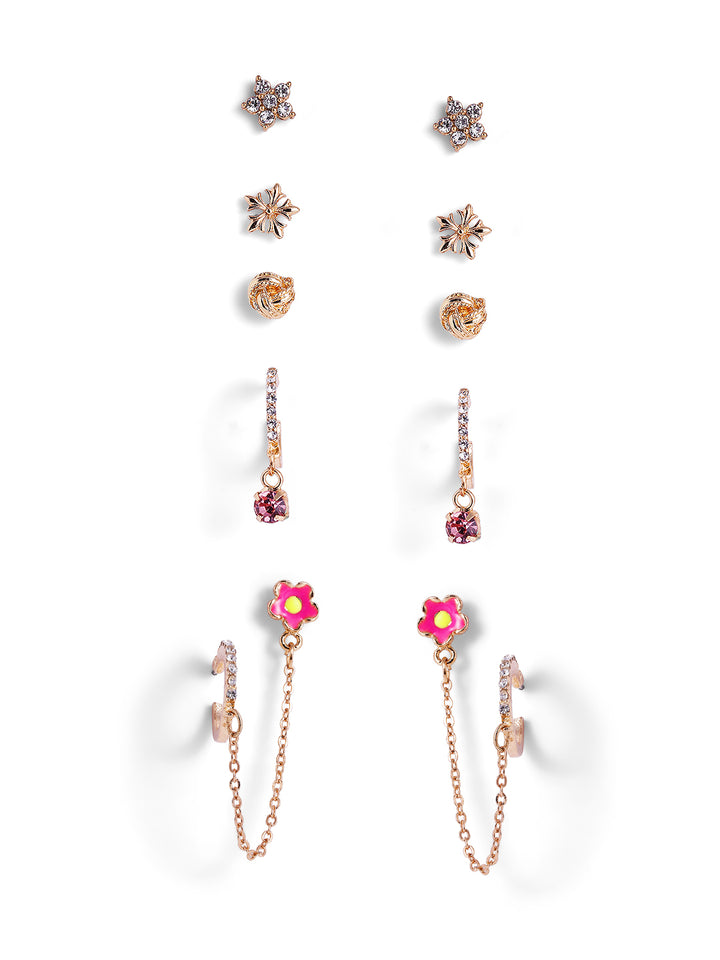 Floral 6 Pair of Stud and Hoops Combo Gold Plated Earrings