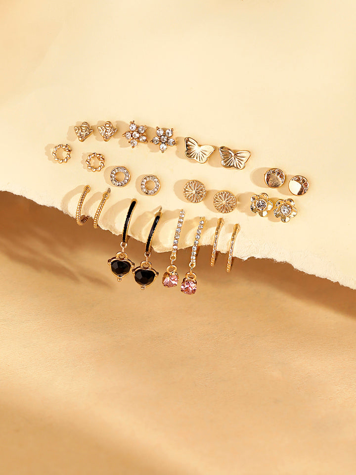 12 Pair of stud and Hoops combo Gold Plated Earrings