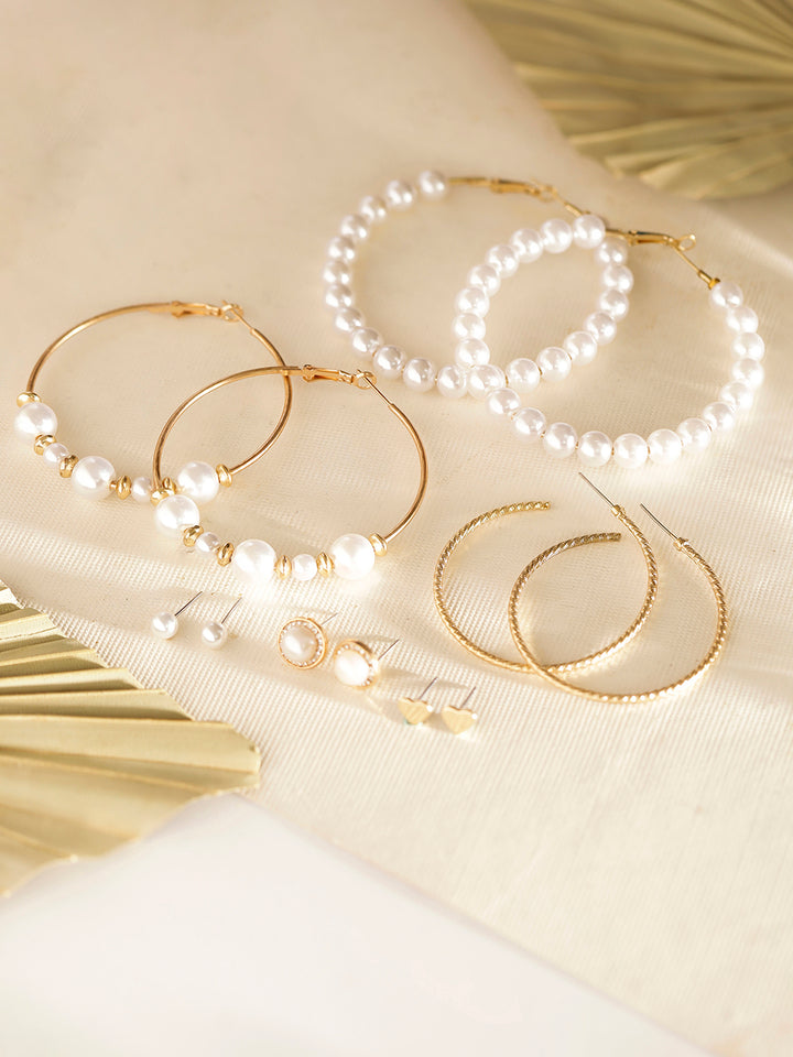 Pearl Elegance 6 pair of studs and hoops gold plated Earrings