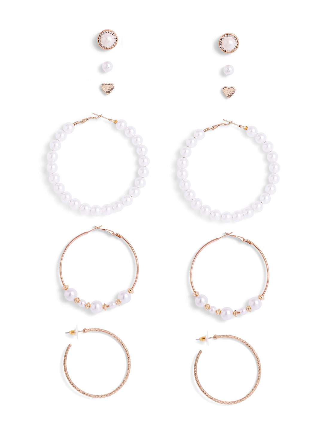 Pearl Elegance 6 pair of studs and hoops gold plated Earrings