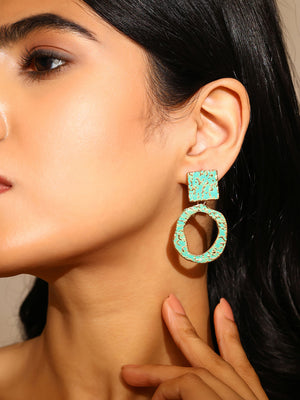 Priyaasi Aqua Green Hammered Gold Plated Drop Earrings