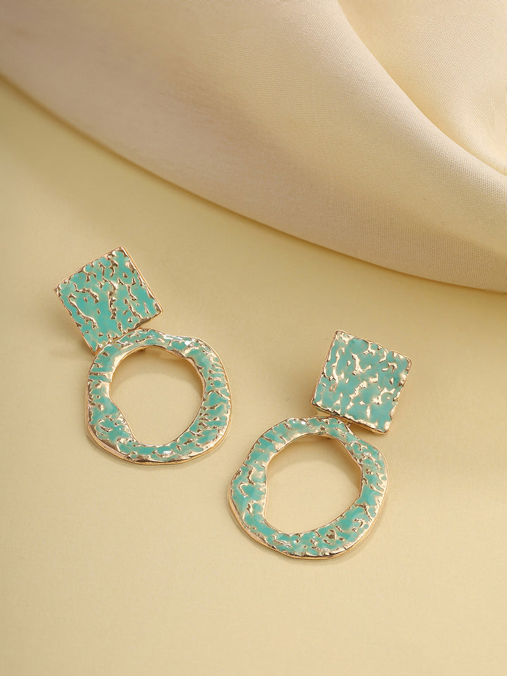 Priyaasi Aqua Green Hammered Gold Plated Drop Earrings