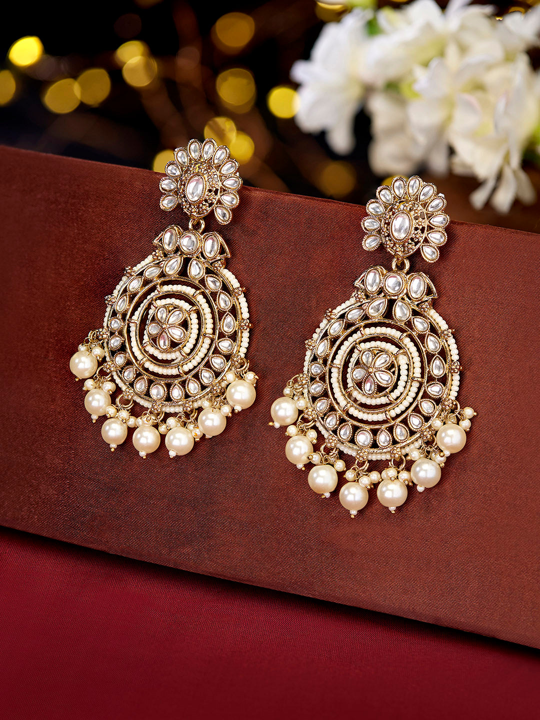 Priyaasi Pearl Kundan Gold Plated Floral Design Drop Earrings