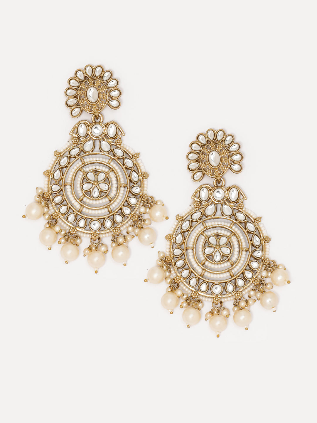 Priyaasi Pearl Kundan Gold Plated Floral Design Drop Earrings