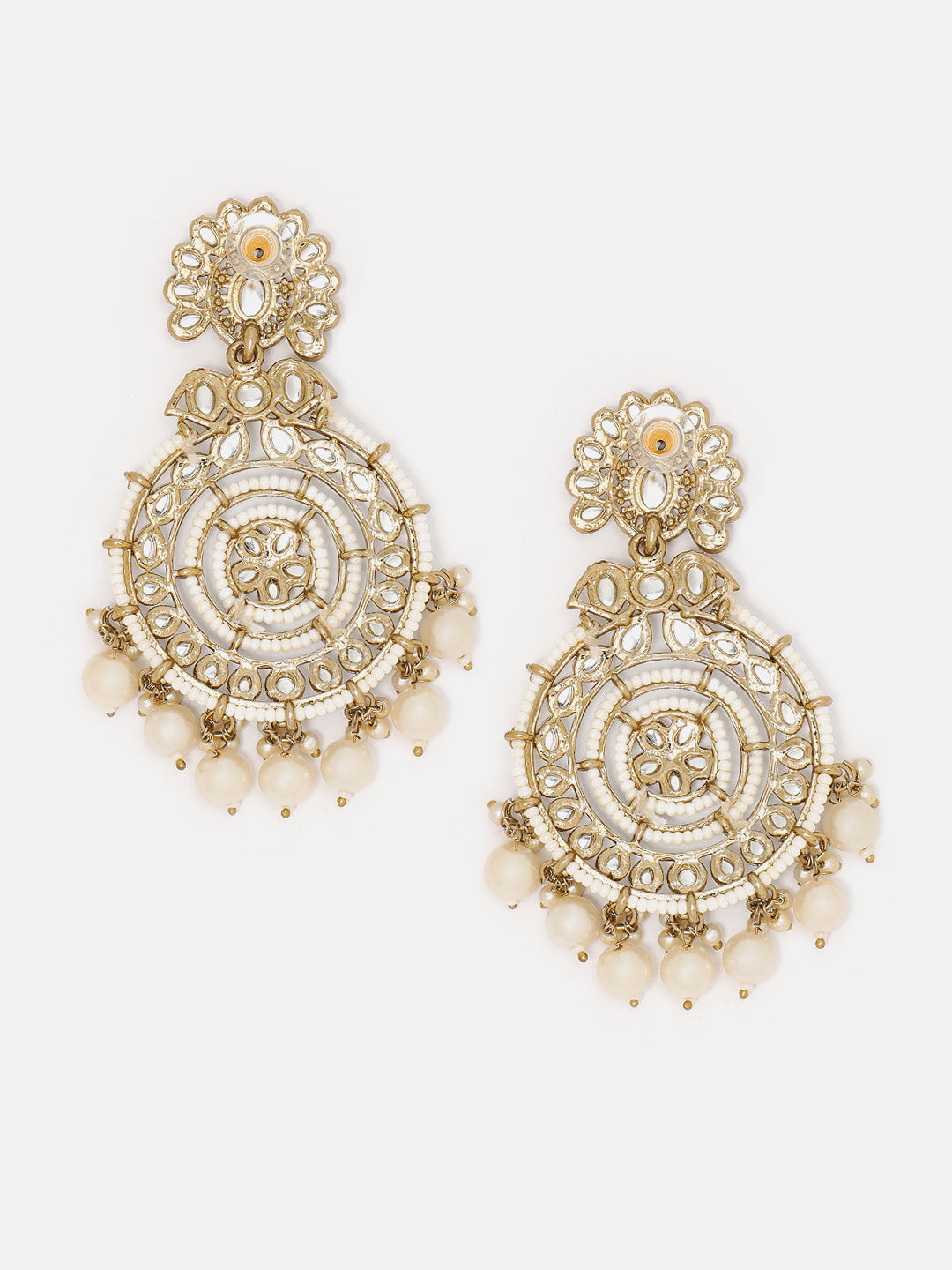 Priyaasi Pearl Kundan Gold Plated Floral Design Drop Earrings