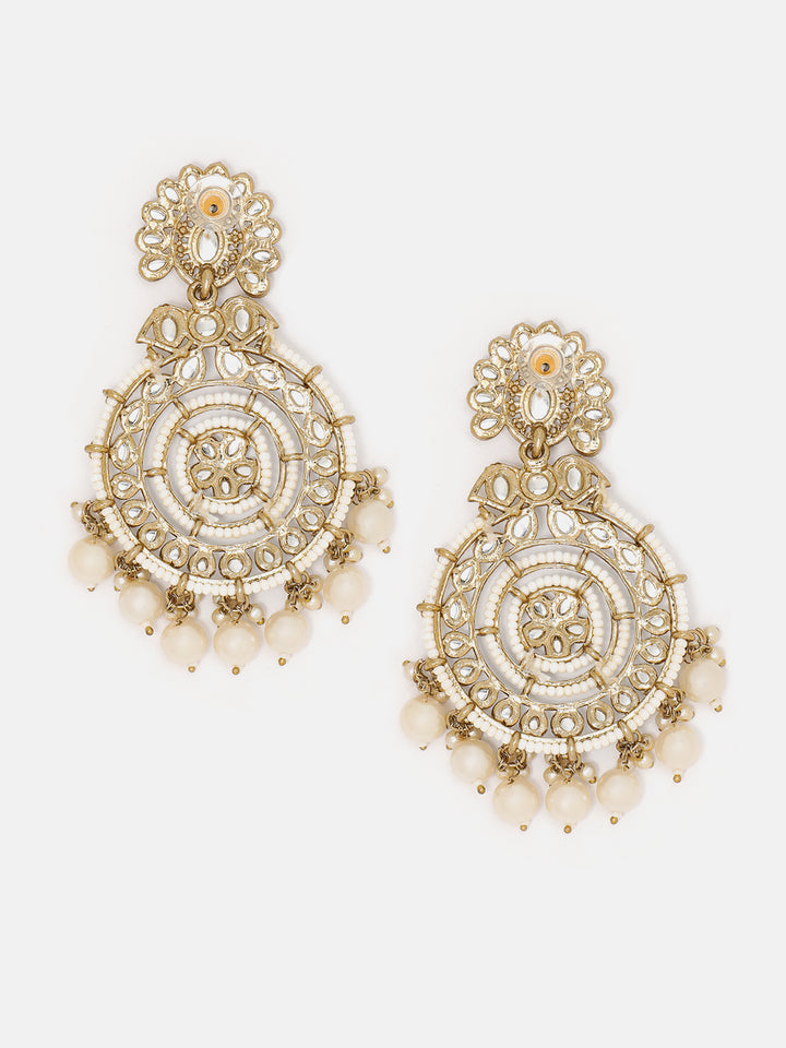 Priyaasi Pearl Kundan Gold Plated Floral Design Drop Earrings