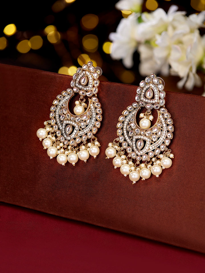 Priyaasi Simple Kundan Pearl Mehandi Plating Chandbali Earrings