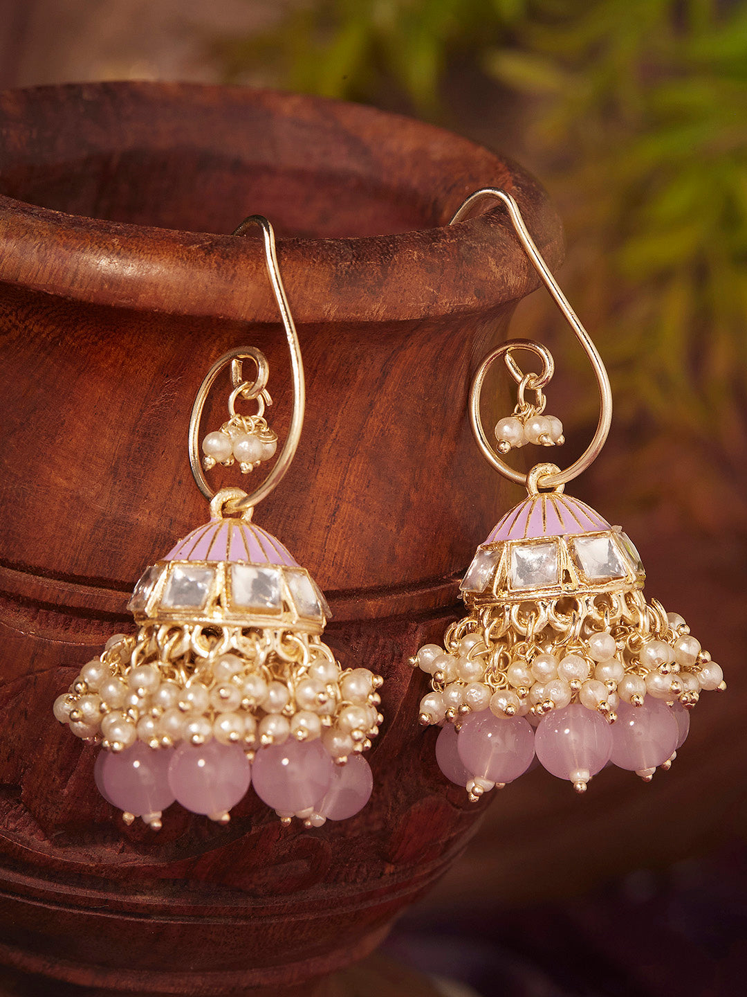 Priyaasi Lavender Beads Kundan Mini Pearl Gold Plated Jhumki Earrings