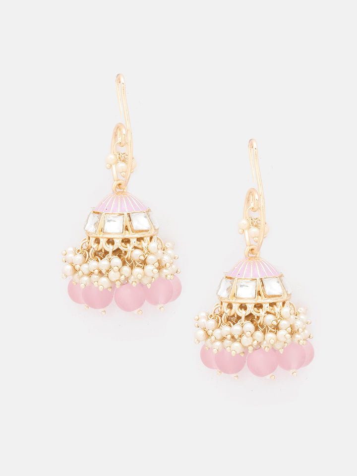 Priyaasi Lavender Beads Kundan Mini Pearl Gold Plated Jhumki Earrings