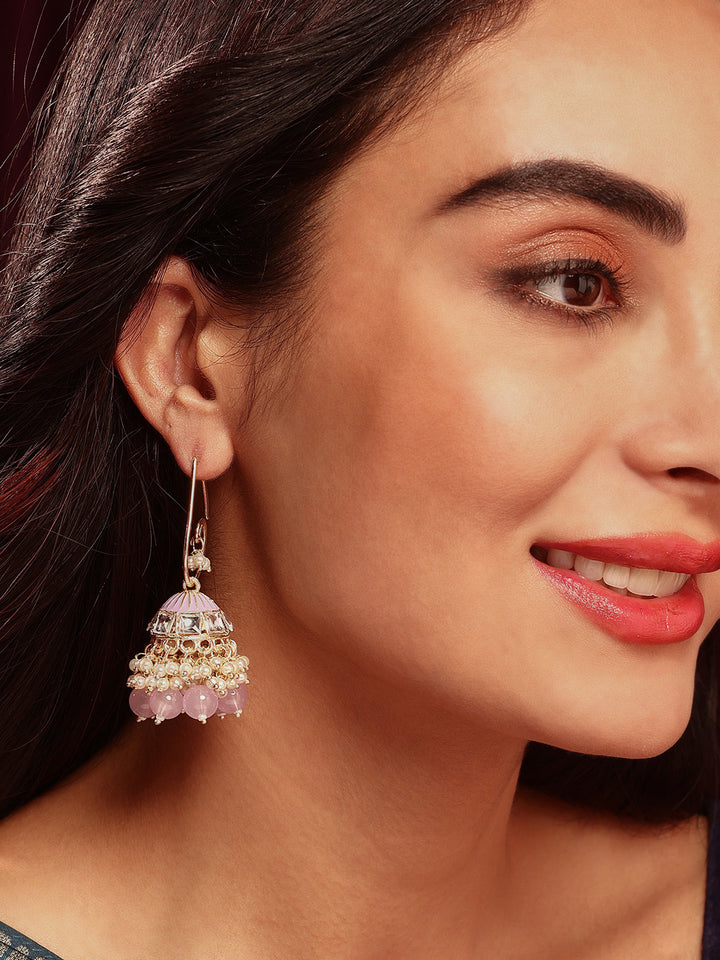 Priyaasi Lavender Beads Kundan Mini Pearl Gold Plated Jhumki Earrings