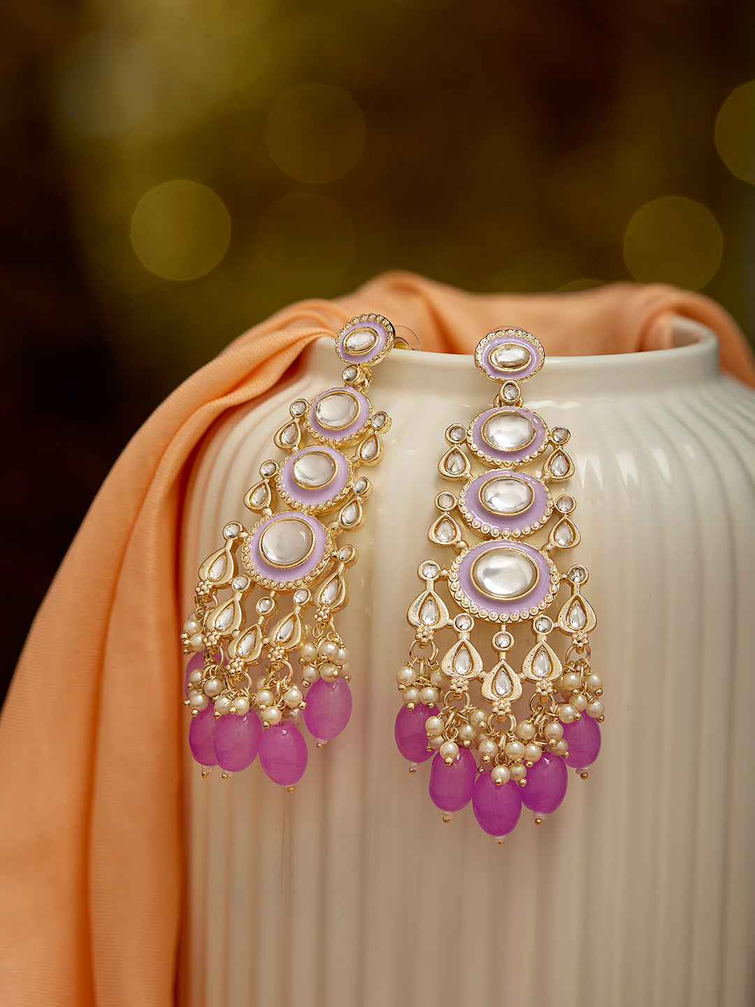 Priyaasi Lavender Geometrical Design Beads Mini Pearls Gold Plated Drop Earrings