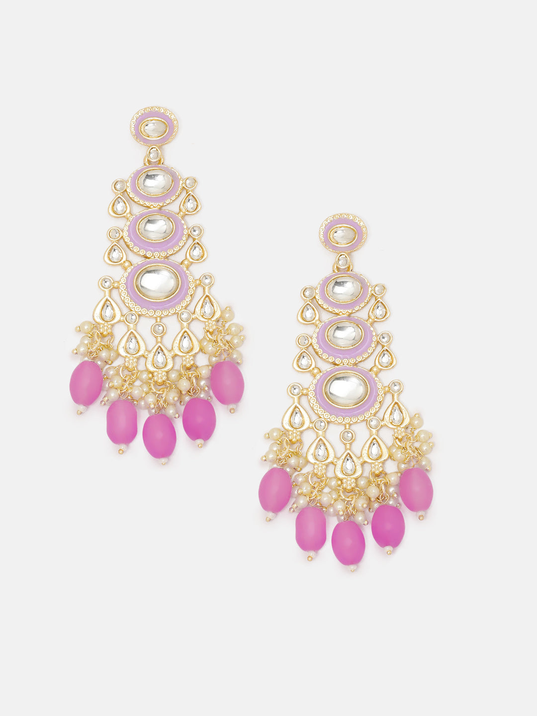 Priyaasi Lavender Geometrical Design Beads Mini Pearls Gold Plated Drop Earrings