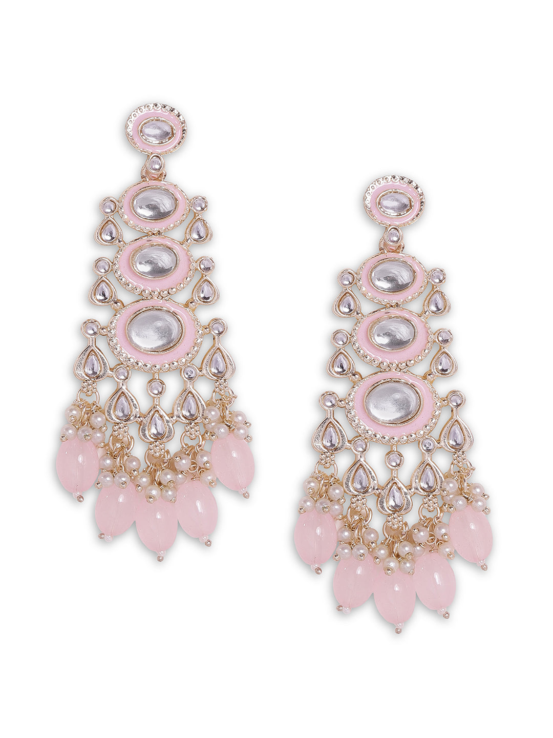 Priyaasi Simple Kundan Pink Beads Drop Gold Plated Earrings