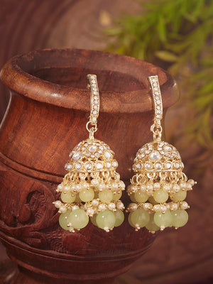 Priyaasi Mint Beads Kundan Pearl Beads Gold Plated Jhumkis Earrings