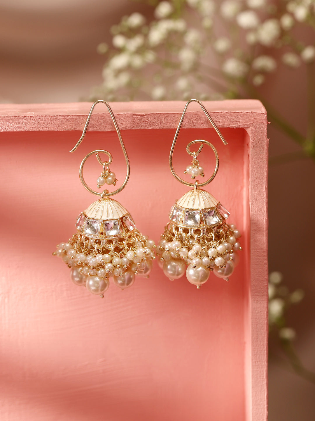 Priyaasi White Kundan Fresh Water Pearls hanging Gold Plated Jhumka earrings