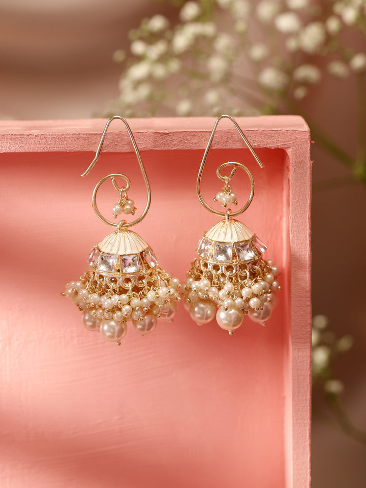 Priyaasi White Kundan Fresh Water Pearls hanging Gold Plated Jhumka earrings