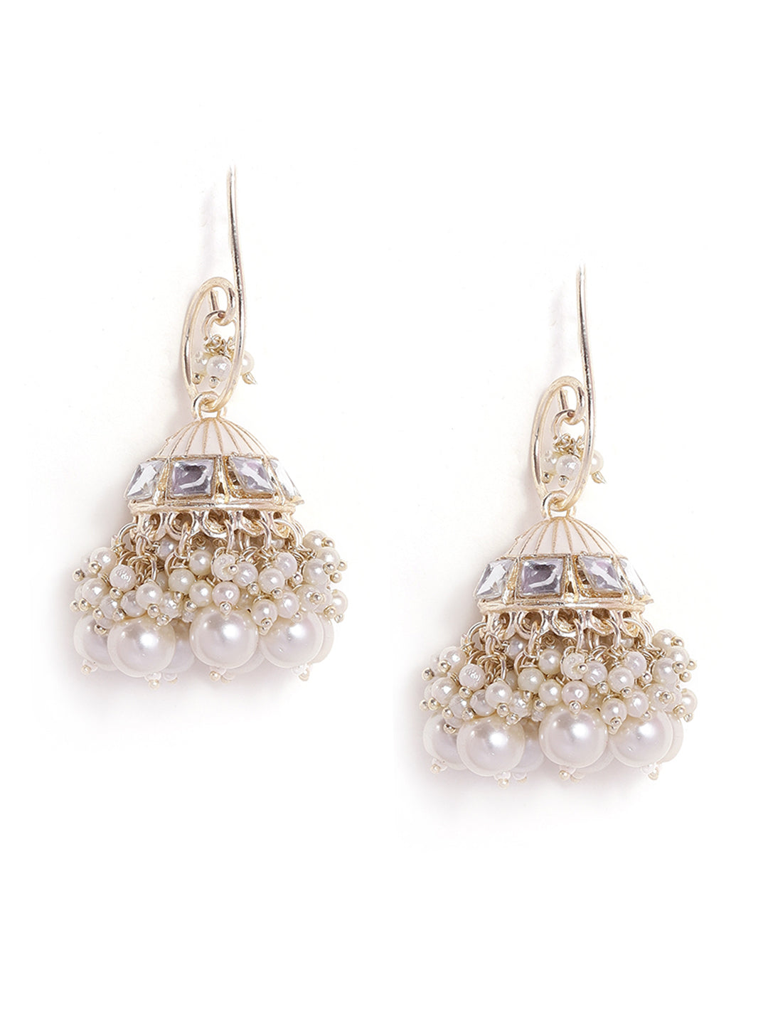 Priyaasi White Kundan Fresh Water Pearls hanging Gold Plated Jhumka earrings