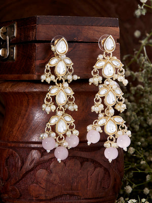 Priyaasi Kundan Floral Pattern Pink Beads Mini Pearl Elegance Gold Plated Drop Earrings