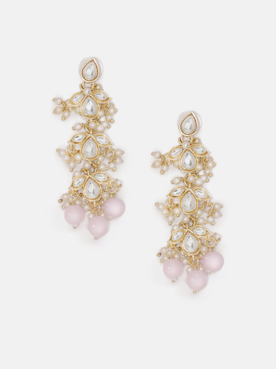 Priyaasi Kundan Floral Pattern Pink Beads Mini Pearl Elegance Gold Plated Drop Earrings