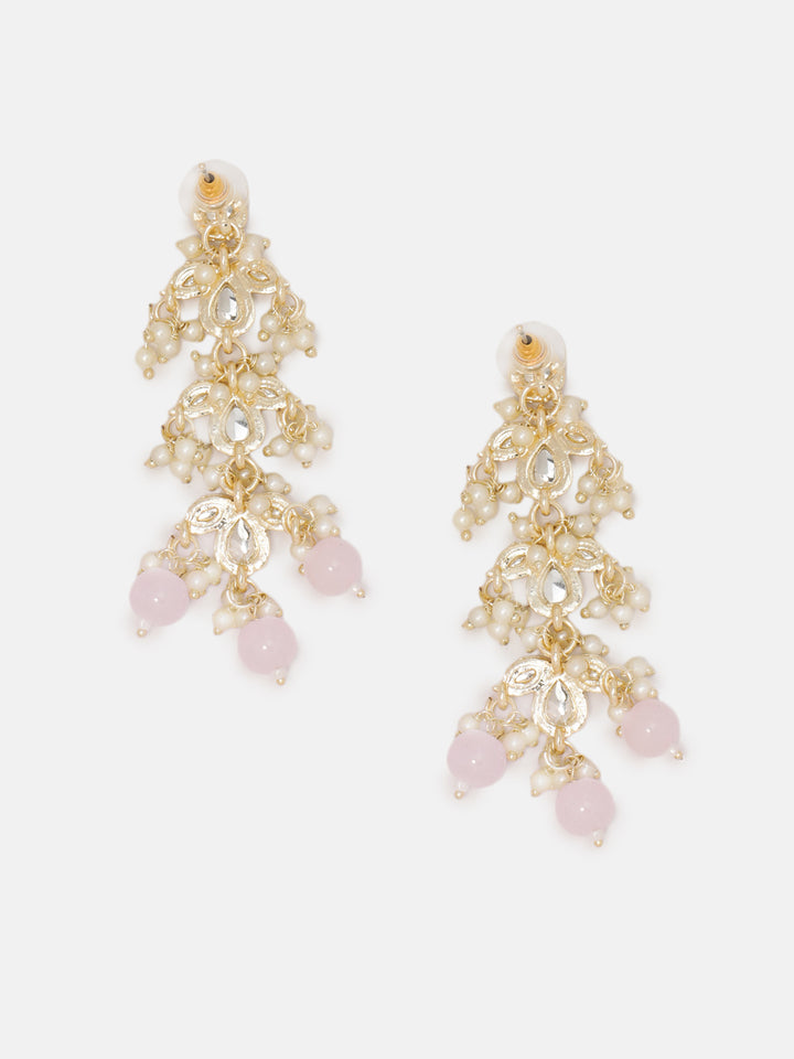 Priyaasi Kundan Floral Pattern Pink Beads Mini Pearl Elegance Gold Plated Drop Earrings