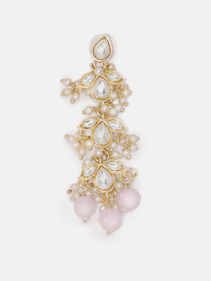 Priyaasi Kundan Floral Pattern Pink Beads Mini Pearl Elegance Gold Plated Drop Earrings