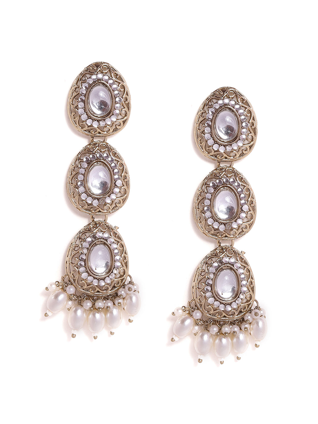 Priyaasi Drop shape Kundan Design Fresh Water Pearl Hanging Gold Plated Drop Earrings