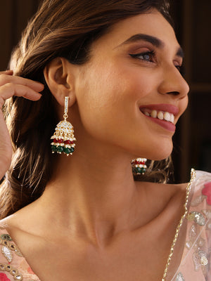 Priyaasi Ruby Green Kundan Gold Plated Pushback Jhumka Earrings