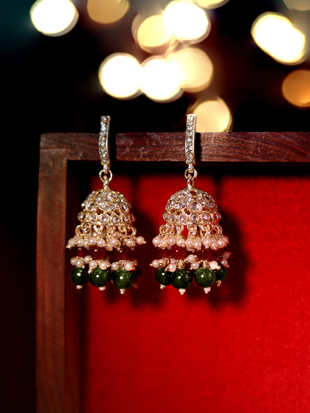 Priyaasi Ruby Green Kundan Gold Plated Pushback Jhumka Earrings