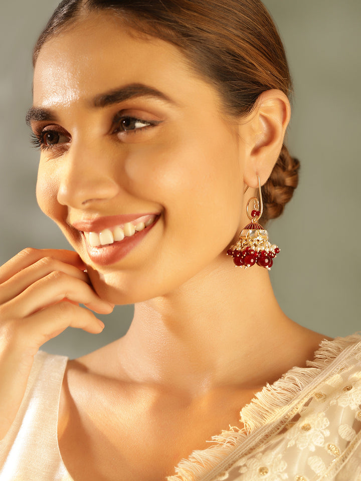 Priyaasi Chic Maroon Beads Mini Fresh Water Pearls Hanging Gold Plated jhumka earrings