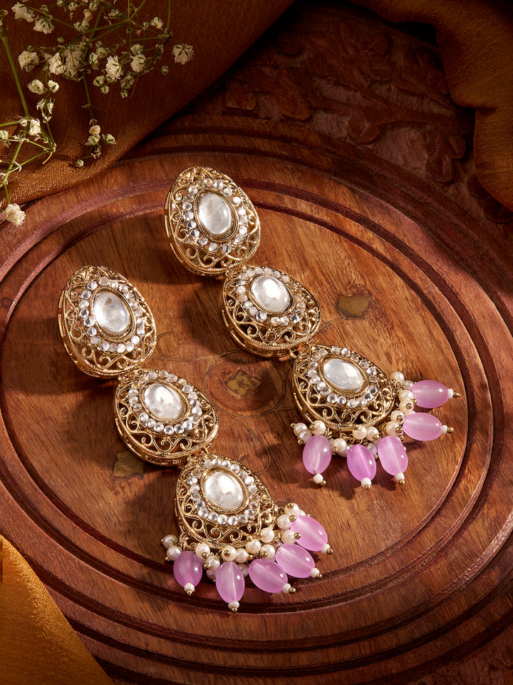 Priyaasi Drop pattern Lavender Beads Gold Plated Elegant Earrings