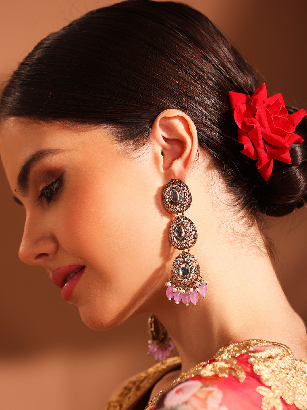 Priyaasi Drop pattern Lavender Beads Gold Plated Elegant Earrings