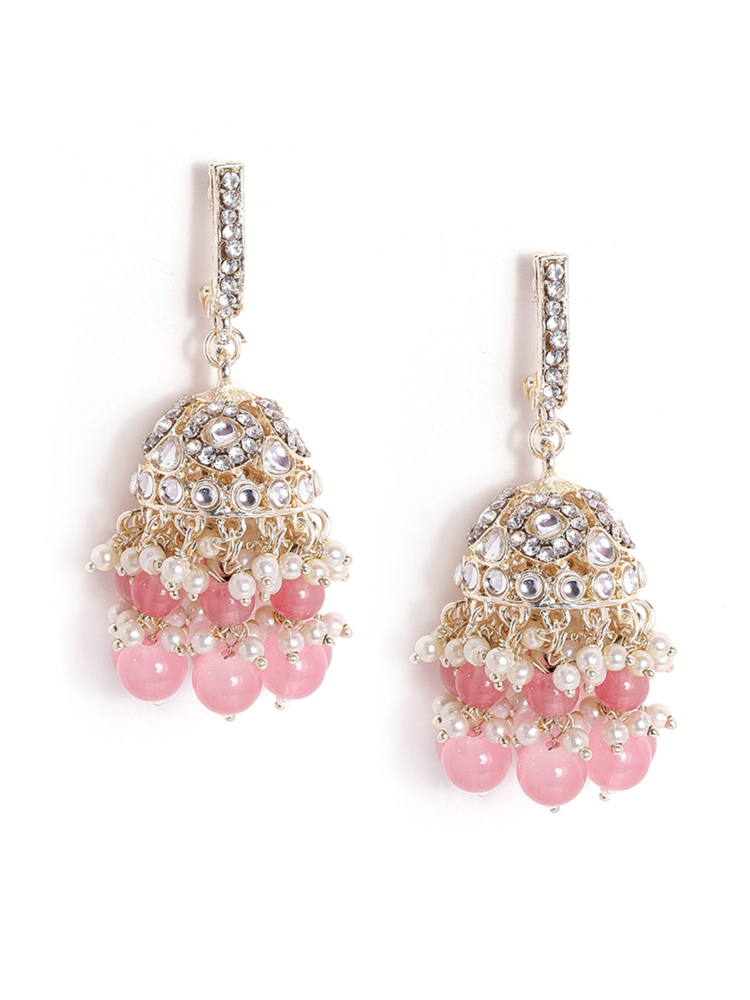 Priyaasi Pink Beads Kundan Mini Fresh Water Pearls Push back Gold Plated Jhumka Earrings