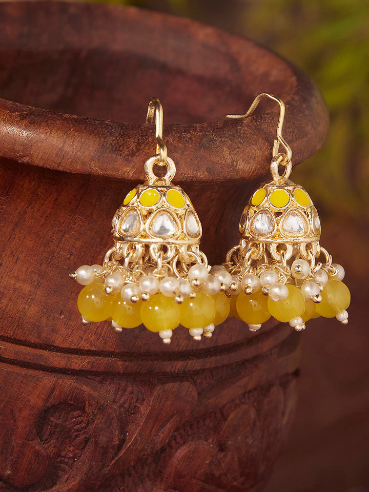 Priyaasi Yellow Beads Mini Pearls Gold Plated Jhumkis Earrings