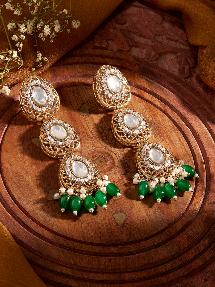 Priyaasi Droplet Design Green Bead Gold Plated Kundan Mini Pearl Drop Earrings