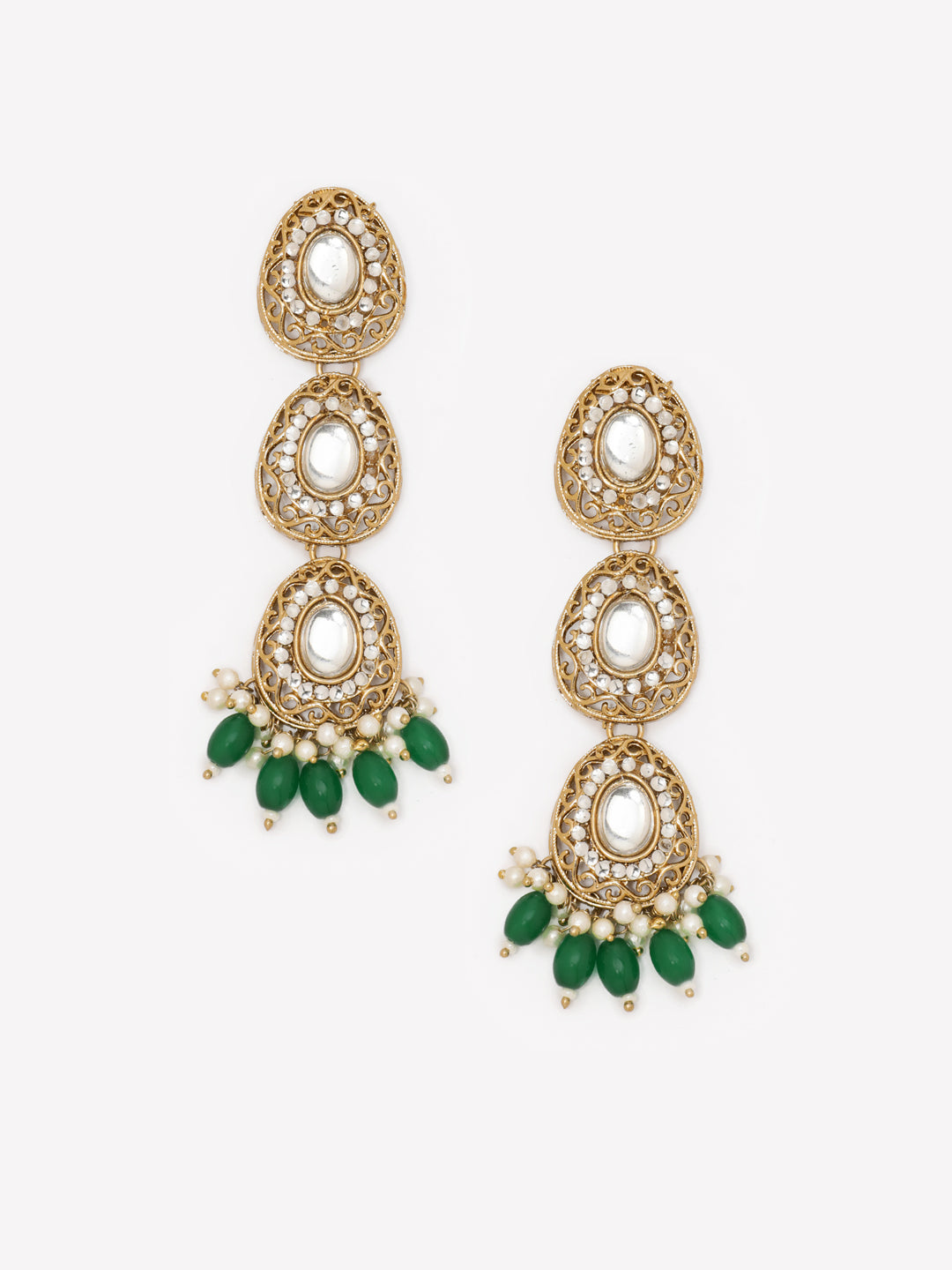 Priyaasi Droplet Design Green Bead Gold Plated Kundan Mini Pearl Drop Earrings