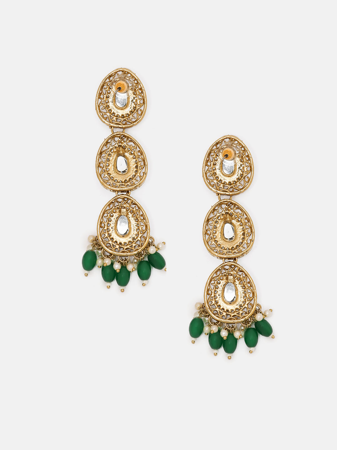 Priyaasi Droplet Design Green Bead Gold Plated Kundan Mini Pearl Drop Earrings