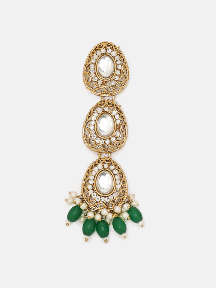 Priyaasi Droplet Design Green Bead Gold Plated Kundan Mini Pearl Drop Earrings